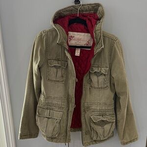 Abercrombie & Fitch Olive Khaki Military Jacket with Red Lining
